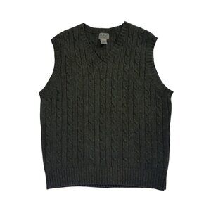 Vintage LL Bean Lambswool Blend Sweater Vest L Cable Knit Green V Neck Academia